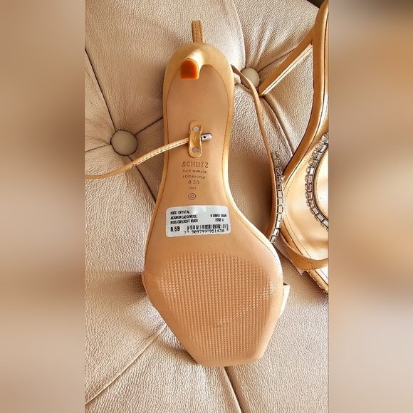 SCHUTZ Vikki Crystal Nude Beige Leather Sandals Strap Heels Prom Rhinestones 8.5 - Picture 6 of 8